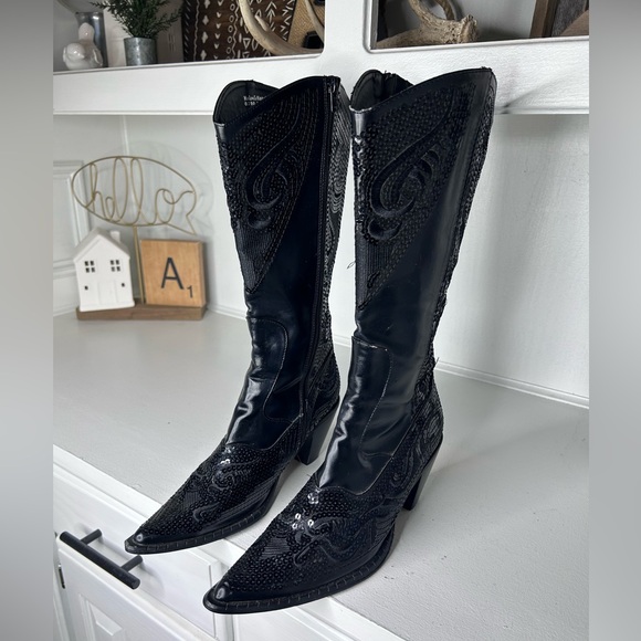 Helen’s Heart Black Sequin Western Boots Women’s 8 Pointed Toe Rhinestone Cowboy - Picture 2 of 8